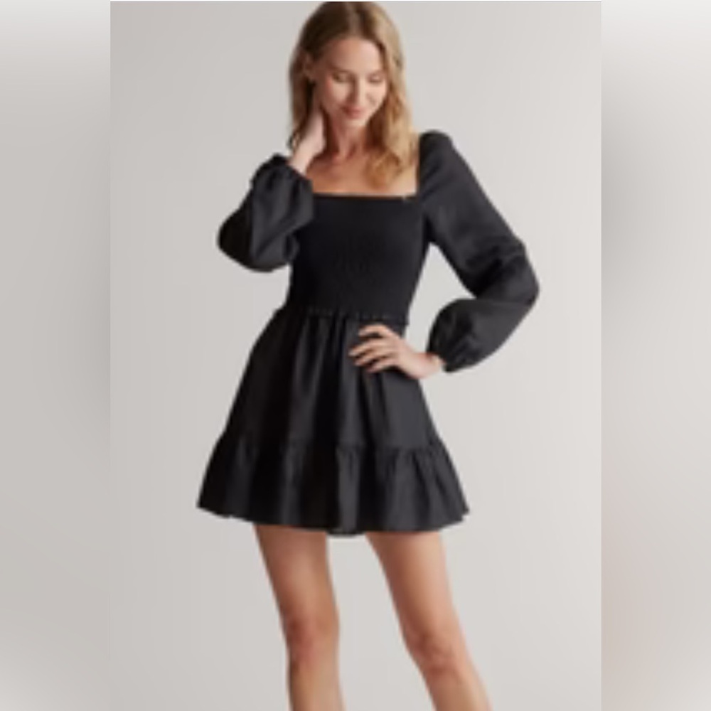 Quince Black Square-Neck Mini Dress with Puff Sleeves